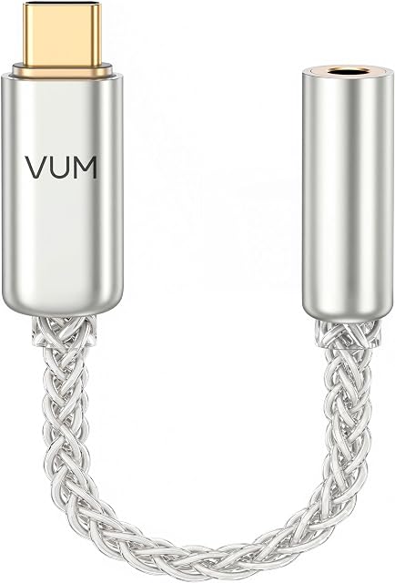 VUM USB-C à 3.5mm Casque Jack Hi-Res DAC & AMP Adaptateur audio double puce 32 Bit/384kHz DAC,CX31993&MAX97220 Chipset,8N OCC Câble plaqué argent,24K Connecteur plaqué or,TTRS HD Mic Entrée prise en charge
