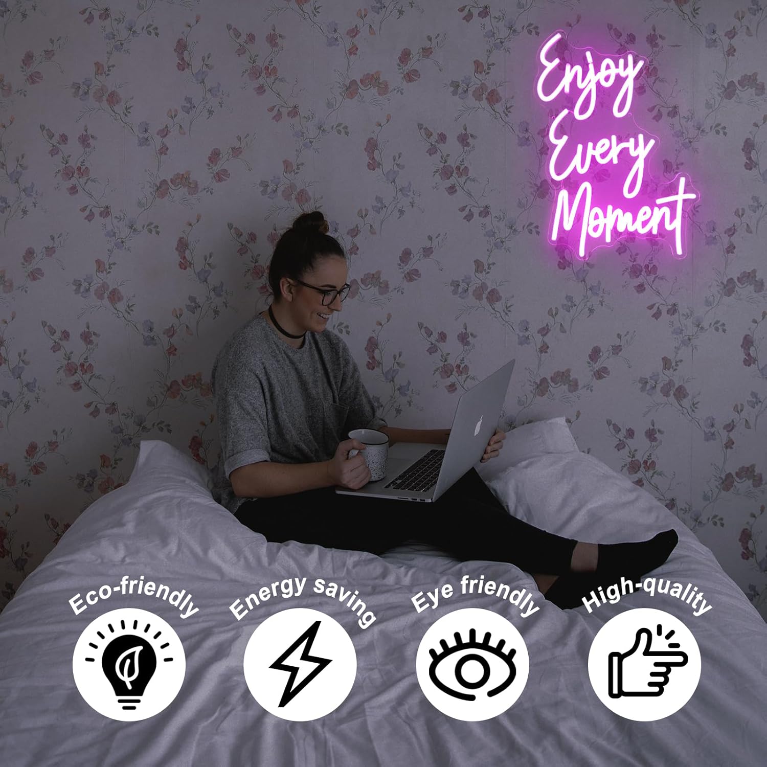 Enjoy Every Moment Neon Sign Pink Letter LED Sign Words Neon Light Up Sign Enjoy Neon Signs for Wall Decor LED Neon Lights Signs for Bedroom Bar Restaurant Salon Party Decor - Image 4