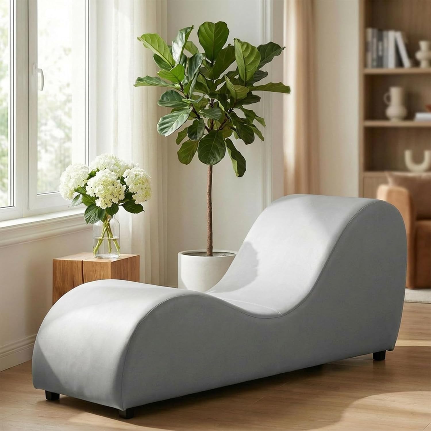 CECER Curved Chaise Lounge Chair for Yoga,Modern Velvet Yoga Chair for Stretching, Relaxing, Exercising, Chaise Lounge Indoor for Indoor Living Room,Bedroom-Light Grey