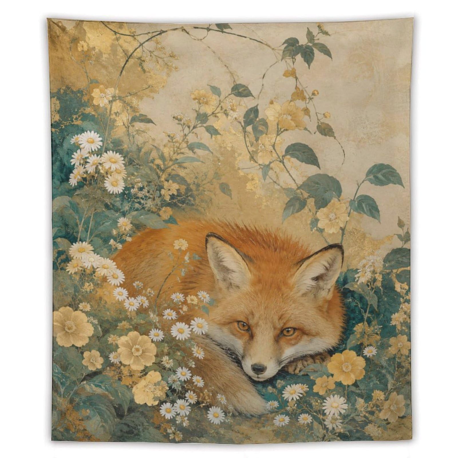 W7C8U2X3 Fox Floral Meadow Wall Tapestry, Impressionist Style, Backdrop