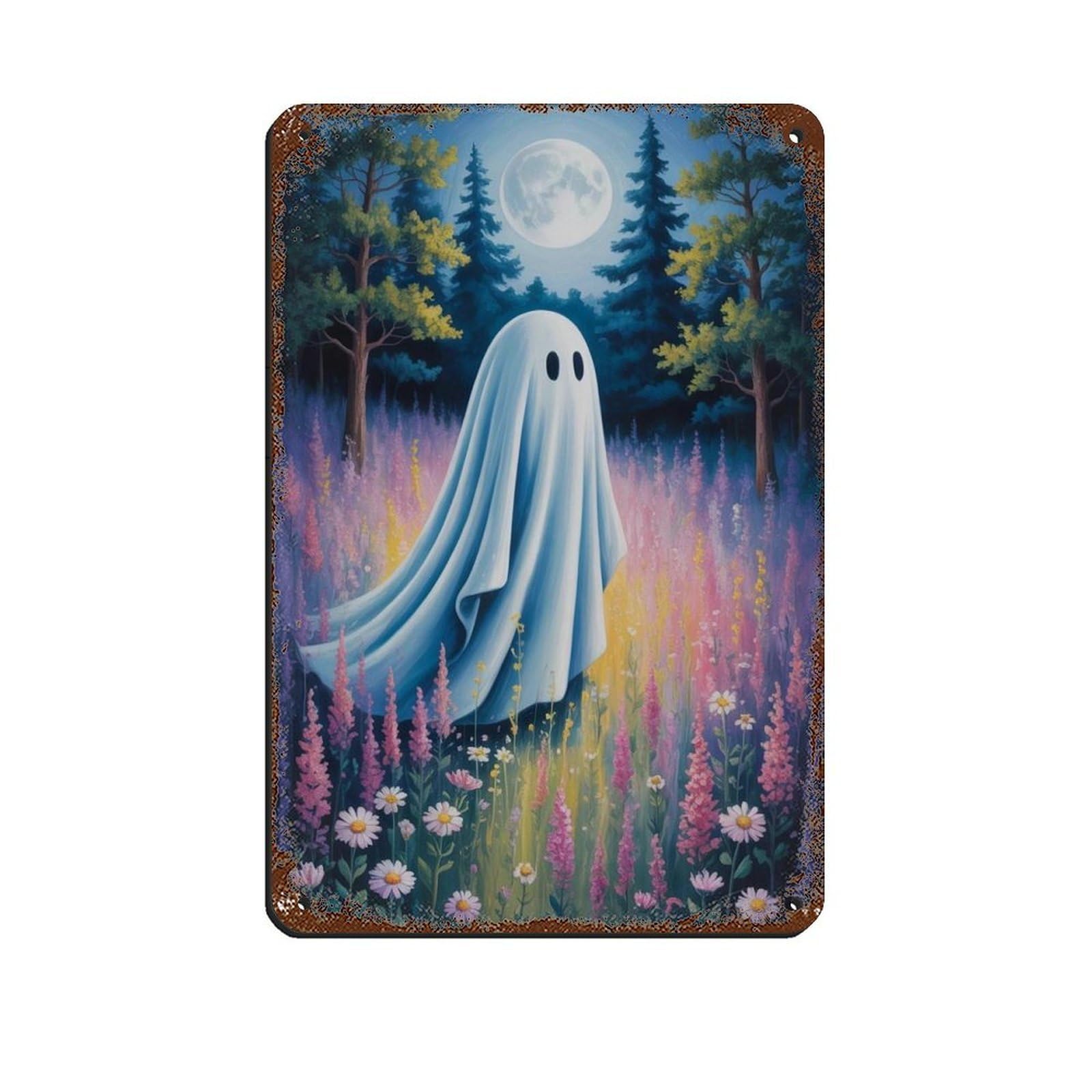 Ghost with Flowers at The Moon Poster Retro Poster Metal Tin Sign Chic Art Retro Iron Painting Bar People Cave Cafe Family Garage Poster Wall Decoration 8x12inch(20x30cm)