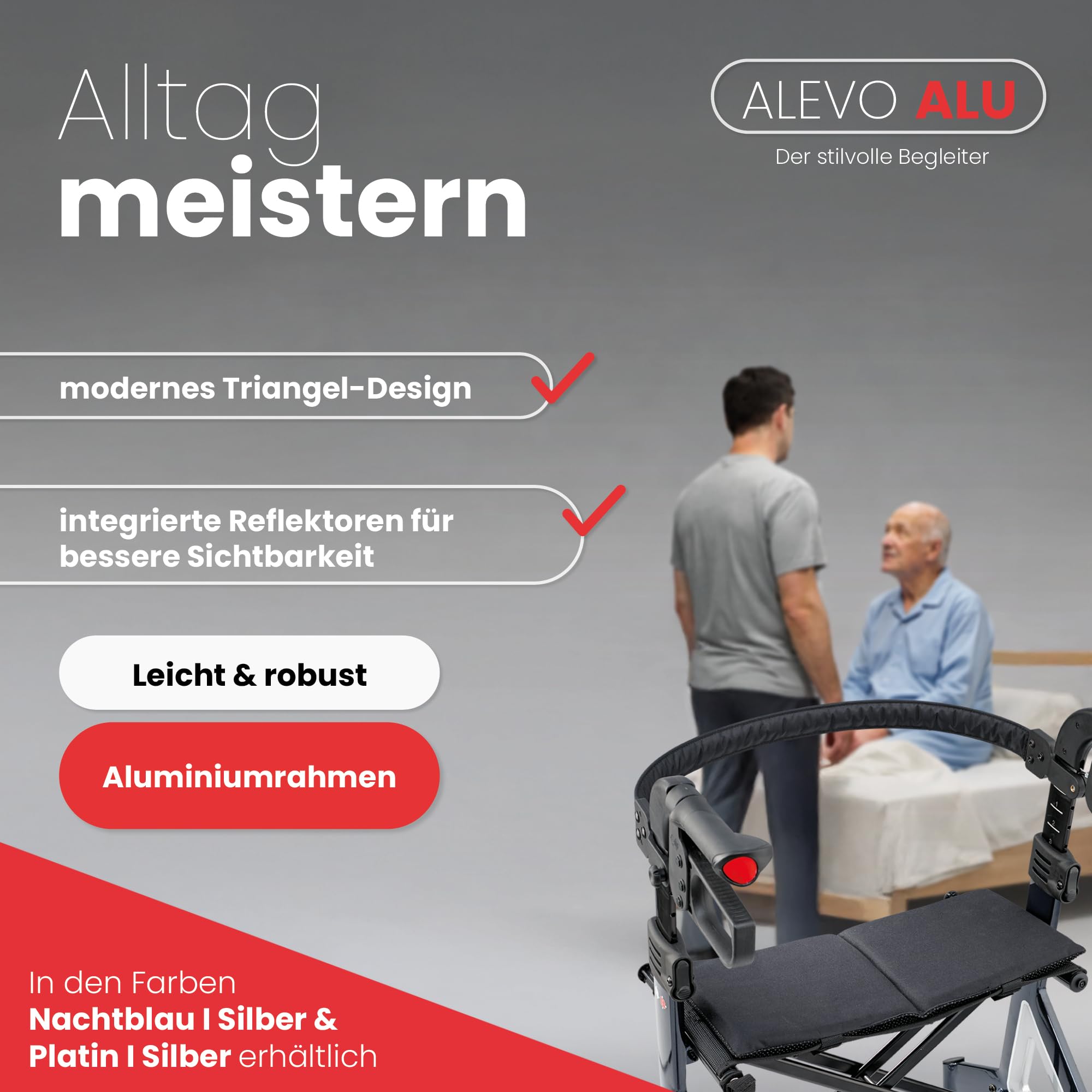Bischoff & Bischoff Alevo - Andador plegable de aluminio SH 58,5 cm, ligero, para interior y exterior, con asiento estable y bolsa extraíble, color platino
