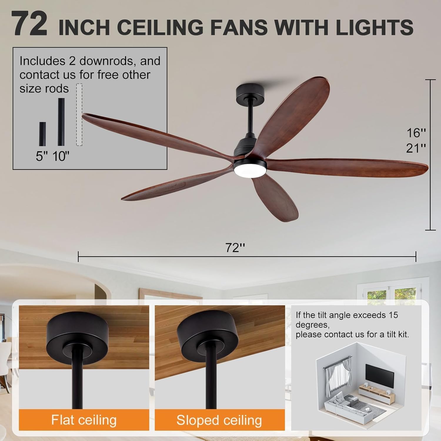 72 Inch Ceiling Fans with Lights and Remote Control, Large Outdoor Ceiling Fan with Light, Dimmable, High CFM, Wall Switch, Quiet 5 Blades Wood Ceiling Fan for Patio Gazebo Living Room