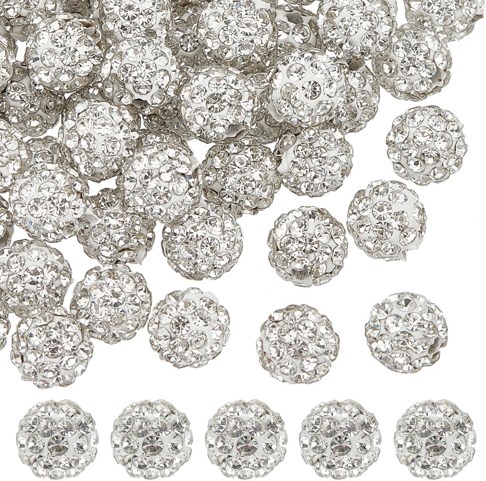 PH PandaHall Rhinestone Clay Beads, 50 Pcs 6mm Pave Disco Ball Round Czech Crystal Polymer Clay Rhinestone Bead Charm Spacer Bead for Earring Bracelet Necklace Jewelry DIY Craft Making, White
