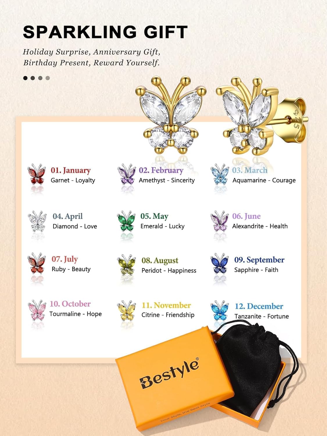 Bestyle Sterling Silver Butterfly Earrings for Women, Dainty Cute Birthstone Studs Hypoallergenic Jewelry, Great Birthday Gift