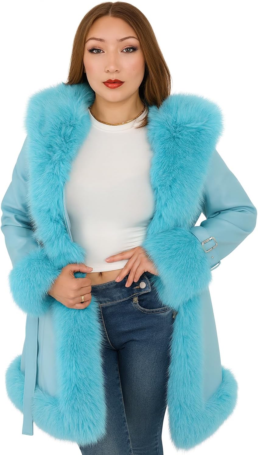 DLNYC Women’s Vegan Leather Belted A Line Winter Coat with Faux Fur Trim Hood, 3/4 Length, Luxurious Winter Fashion Outerwear