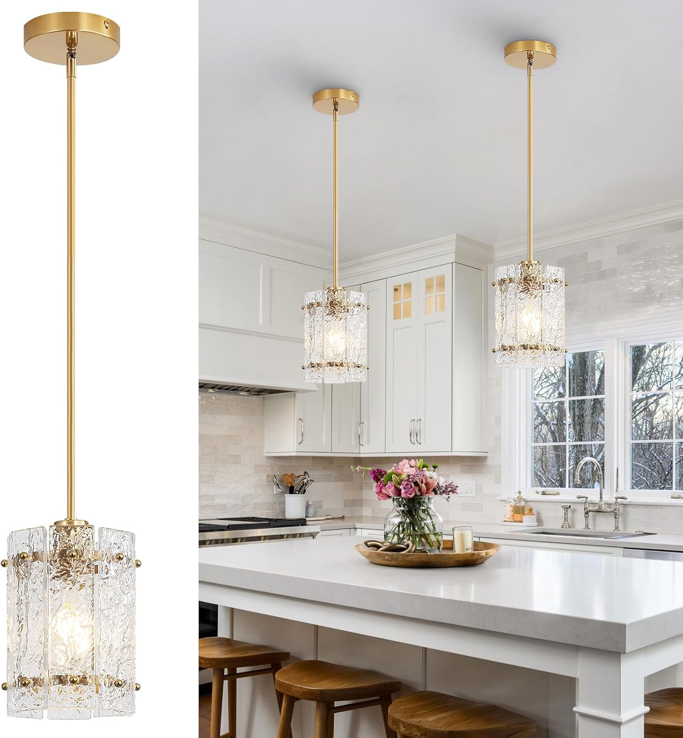 Gold Glass Pendant Lights Kitchen Island, Water Ripple Round Pendant Lights Adjustable Modern Hanging Pendant Light Fixtures for Kitchen Island Dining Room Above Sink Foyer Entryway 1 Pack