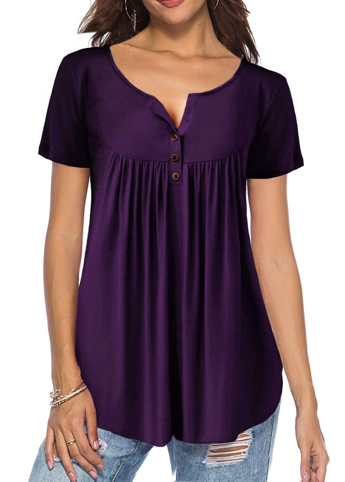 Women's Casual Short Sleeve Blouse - Ruffle Button-Up Tunic Top, Solid Color, Flare Hem, Poly-Spandex