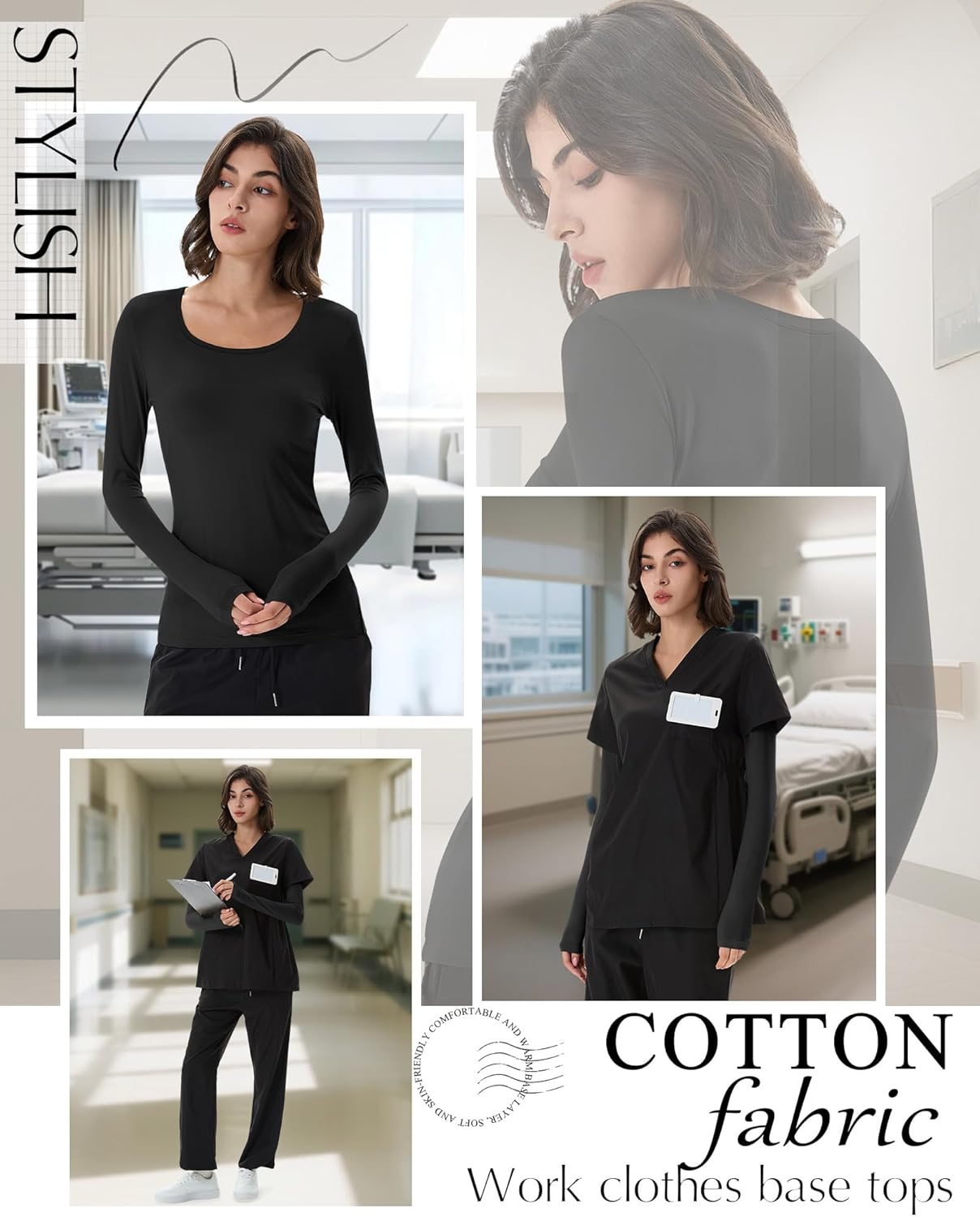 Neer 3 Pack Women's Long Sleeve Underscrub Shirts Scoop Neck Soft Scrub Undershirts for Nurse Basic Stretchy Layering Tops