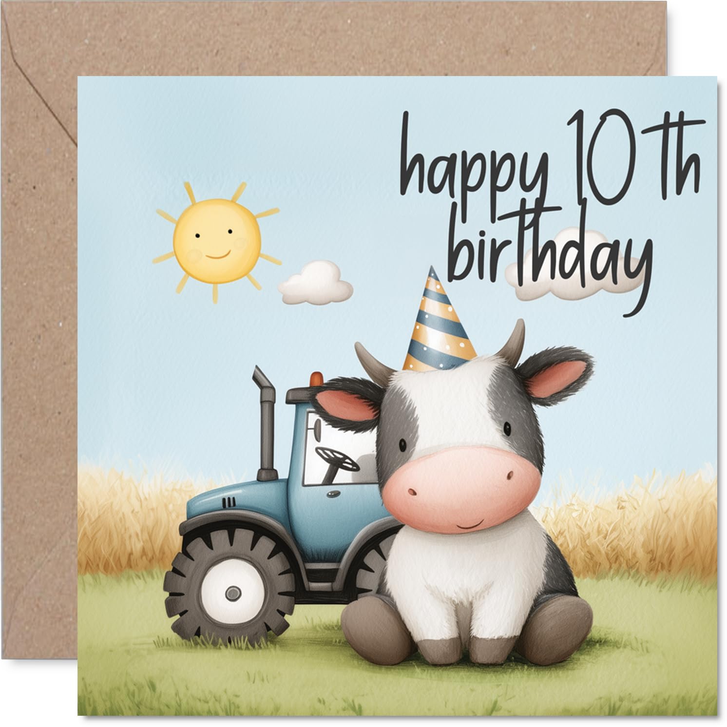 Playful 10th Birthday Card - Bright and Sunny Vibes - Cute Cow in a Party Hat with a Tractor and Sun - Guaranteed to Spark Birthday Smiles - 145mm Square, Envelope Included