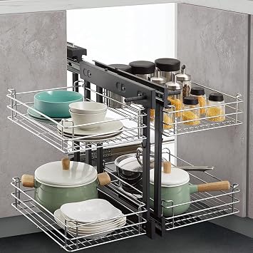 Kitchen Organizer Corner Pull Basket, Multifunctional Blind Corner Pull-Out Organizer with Soft Close, Rotating Storage Rack for Kitchen Cabinets