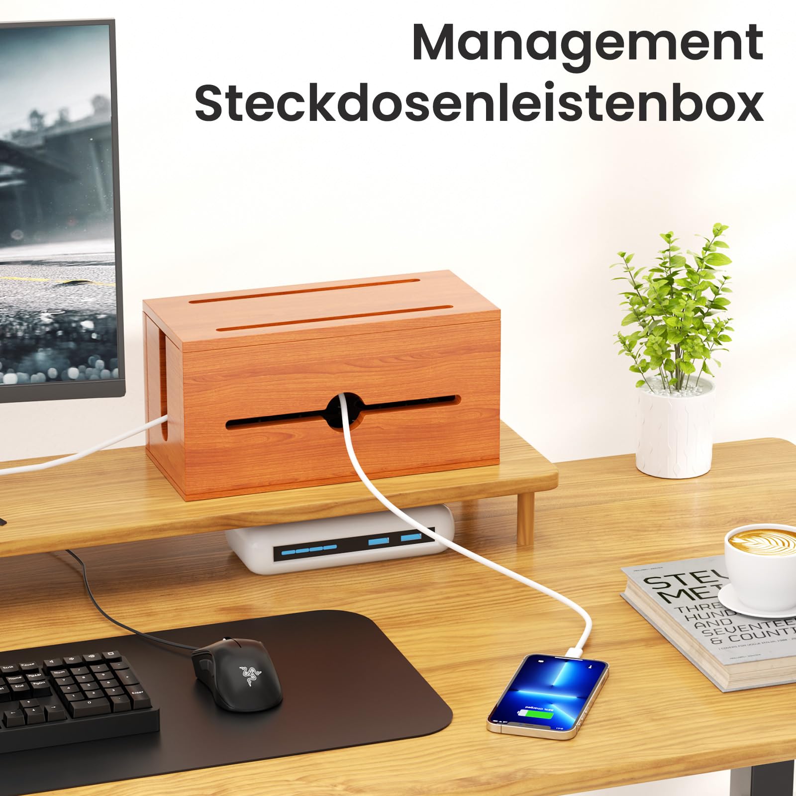 Drewniana skrzynka kablowa z listwą zasilającą, stacja ładująca, organizer z 8 gniazdami USB i 1 szybkim ładowaniem typu C, ochrona przed przepięciem, przedłużacz o długości 200 cm, do biura, domu