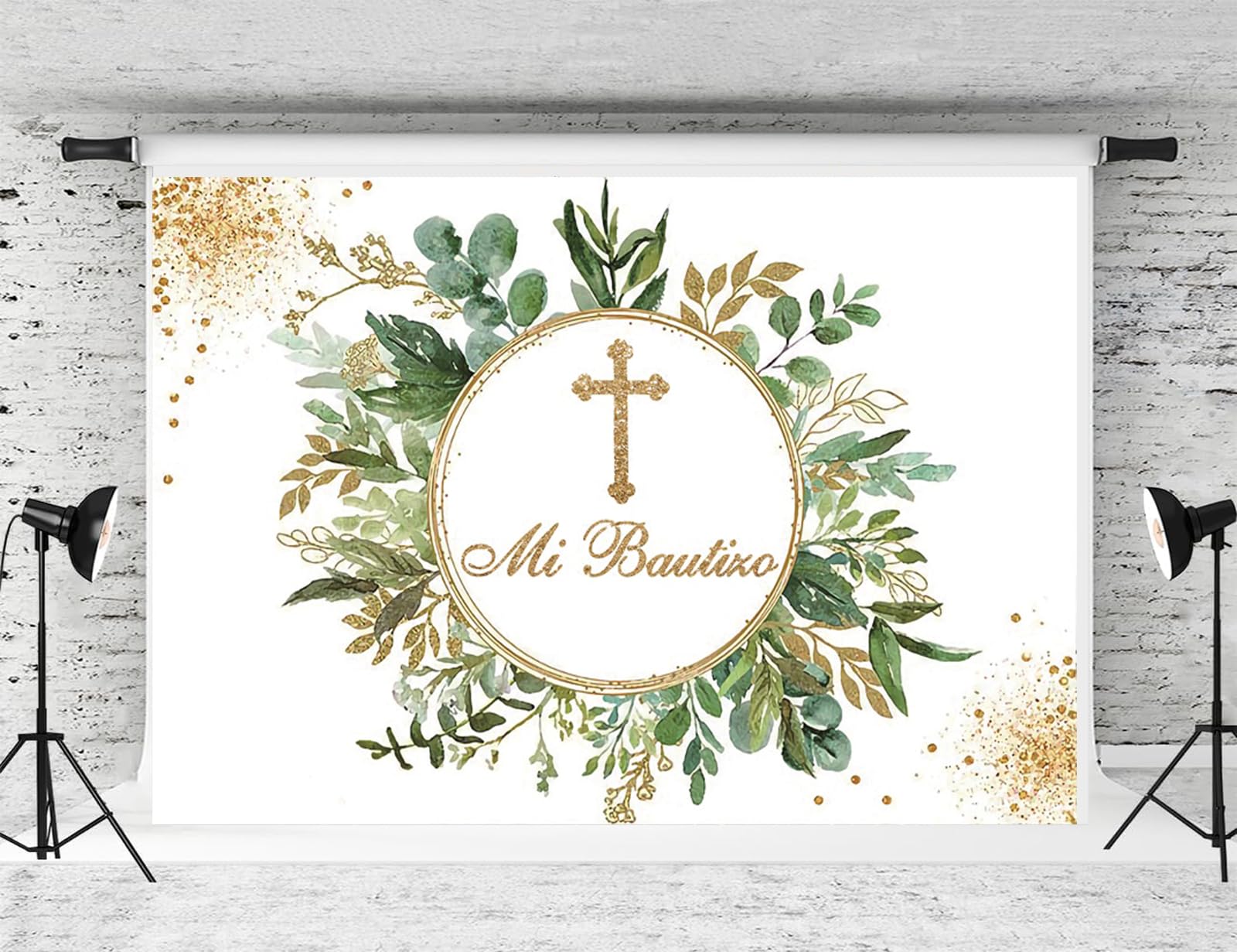 AIBIIN 7x5ft Mi Bautizo Backdrop God Bless Green And Gold Eucalyptus - View #6
