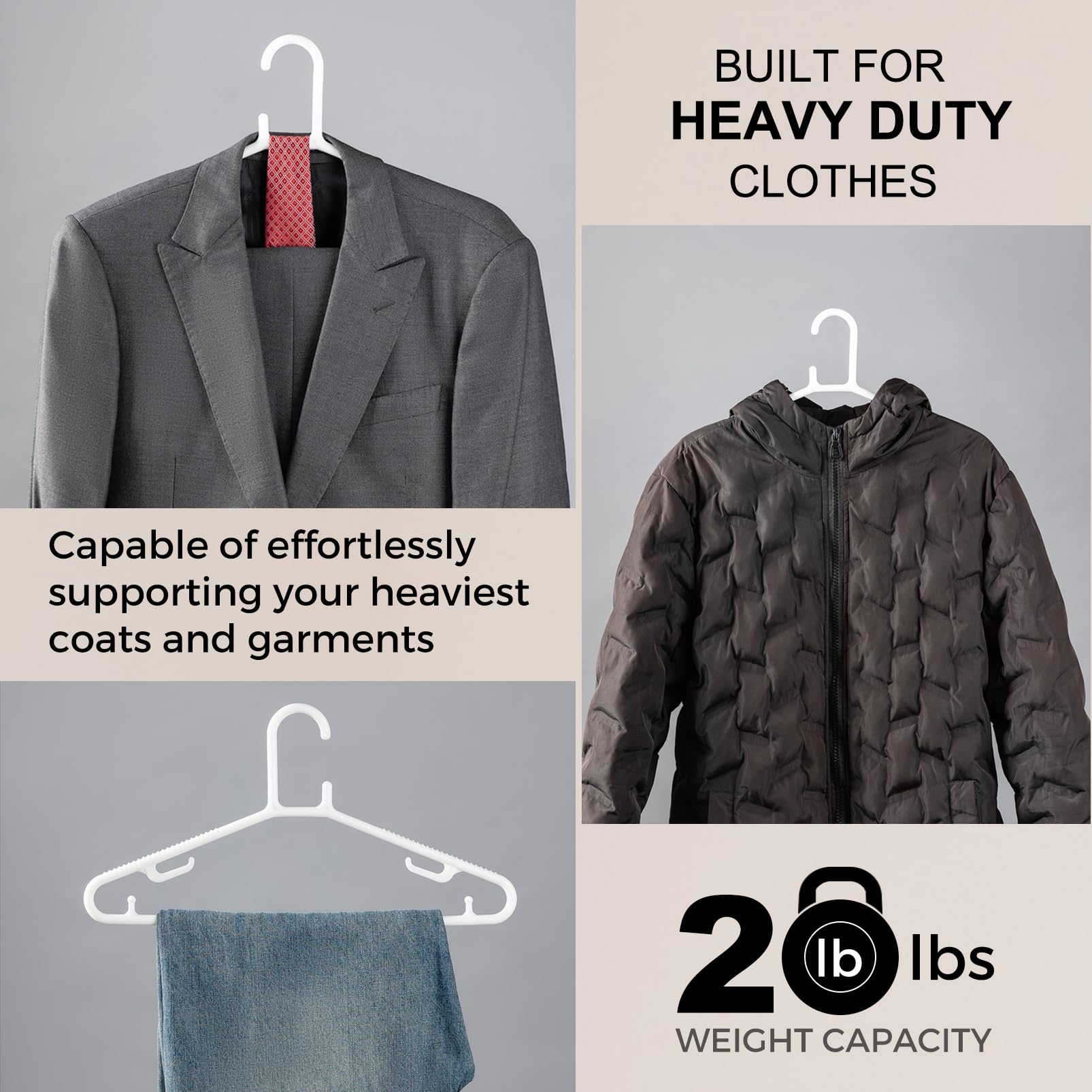 JEOYEOR Heavy Duty Plastic Clothes Hangers with Hooks - Non-Slip Durable Hangers for Thick Coats, Jackets, Dresses, Suits & Blouses - Bulk Wardrobe Storage for Home & Commercial Use (16, White)