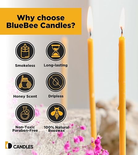 Miniatura 2 de BlueBee - Velas de cera de abeja pura a granel para el hogar, 200 velas altas y delgadas + 5 soportes, aroma a miel, sin humo, de larga duración,