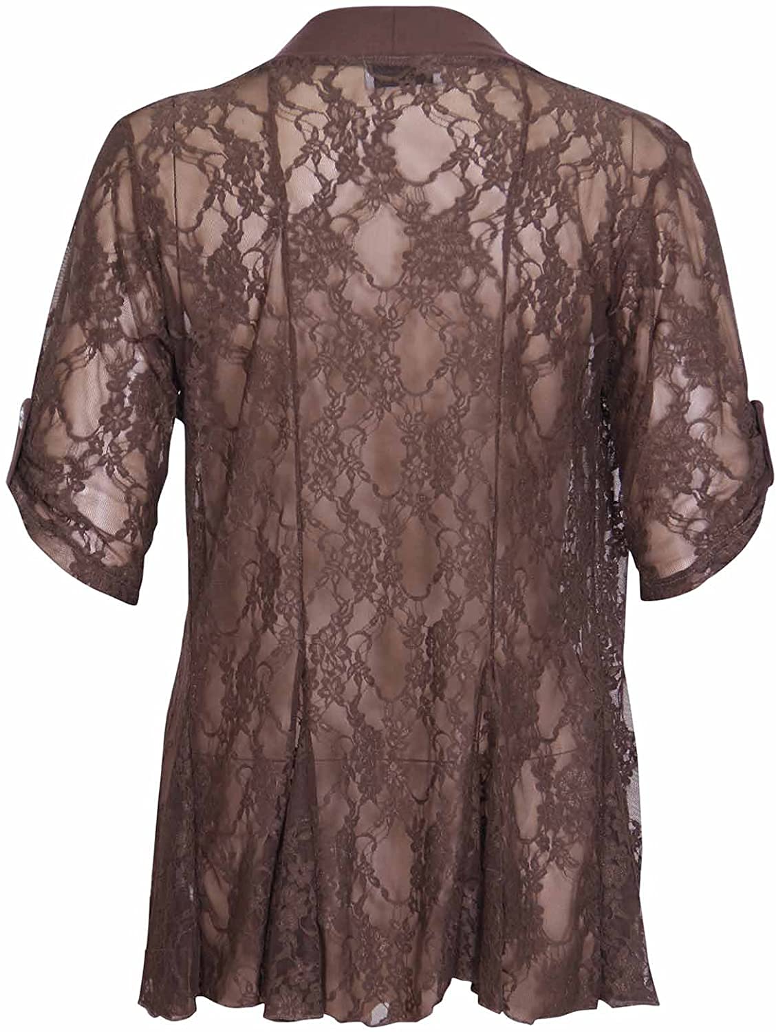 STAR FASHION New Ladies Sheer Shrug Top Cuff Sleeve Open Front Waterfall Design Floral Lace Two Button Kimono Cardigan Top for Woman (Mocha)