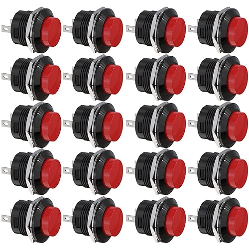 Miniatura 9 de Clyxgs Interruptor de botón momentáneo sin bloqueo SPST Mini pulsador redondo Interruptores AC 250V  3A AC125V  6A Negro Rojo Cap 20PCS