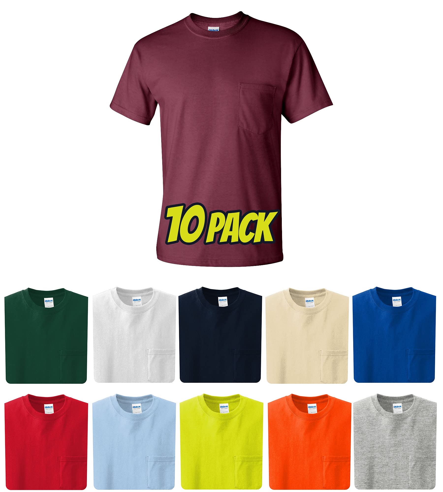Multipack 2300 Mens Bulk Short Sleeve Pocket T-Shirts - 3 6 10 Pack - Ultra Cotton Crewneck Plain