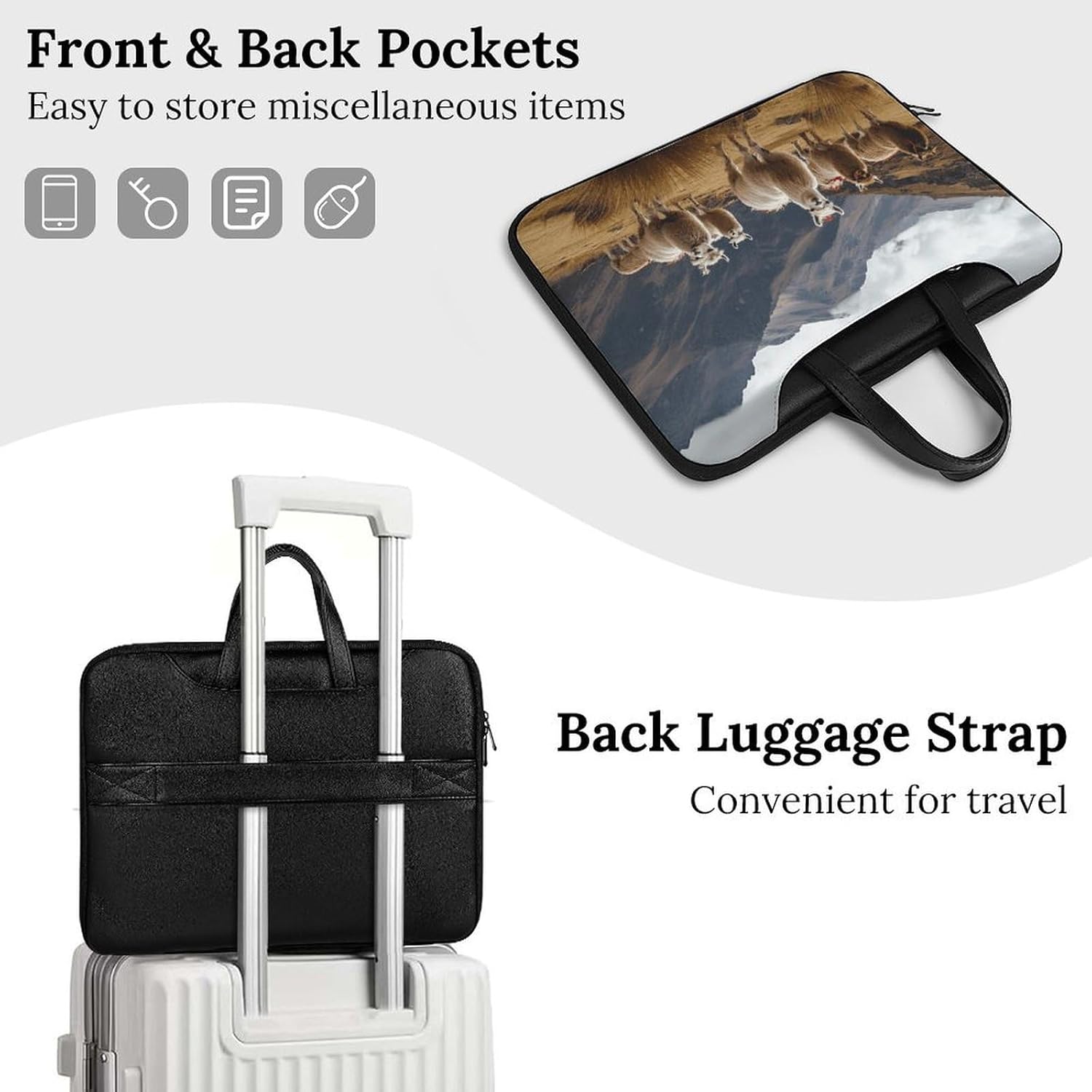 Llamas in The Andes 37x28cm Black-style Laptop Bag Leather Tablet Computer Briefcase Large Capacity Work Business Tote Bags for Office