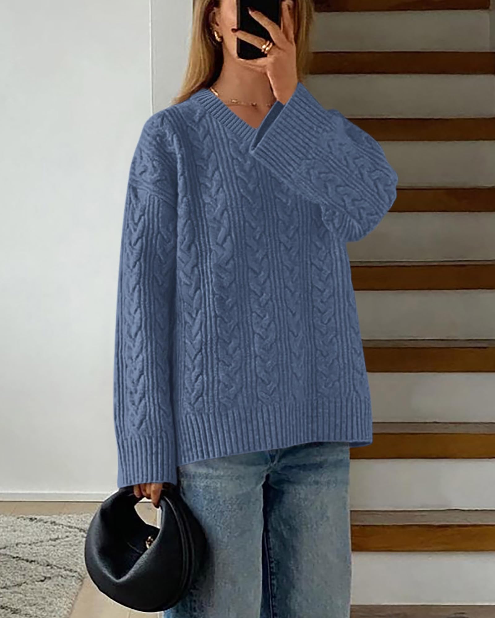 Okiwam Maglioni oversize da donna autunno 2025 a maniche lunghe con scollo a V in maglia a trecce pullover top grossi abiti alla moda