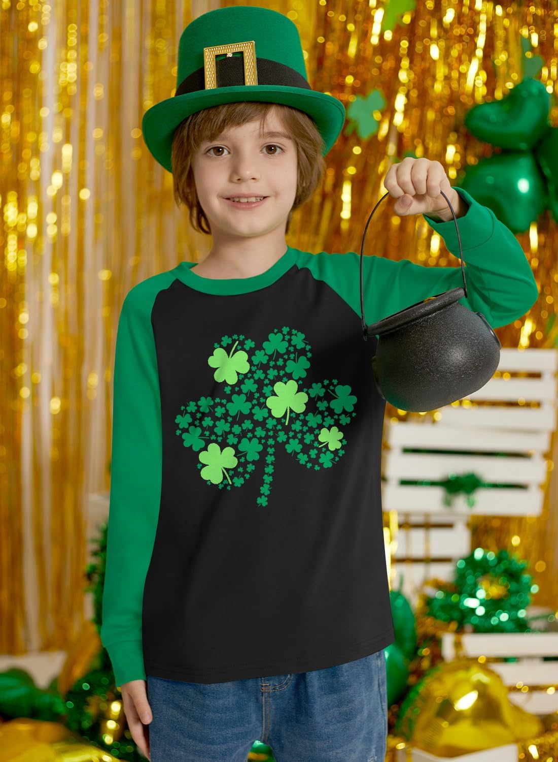 Unisex Kids St. Patrick’s Day Raglan Long Sleeve Shamrock Shirt Lucky Irish Patchwork Clover Top 2-10 Years - Image 4