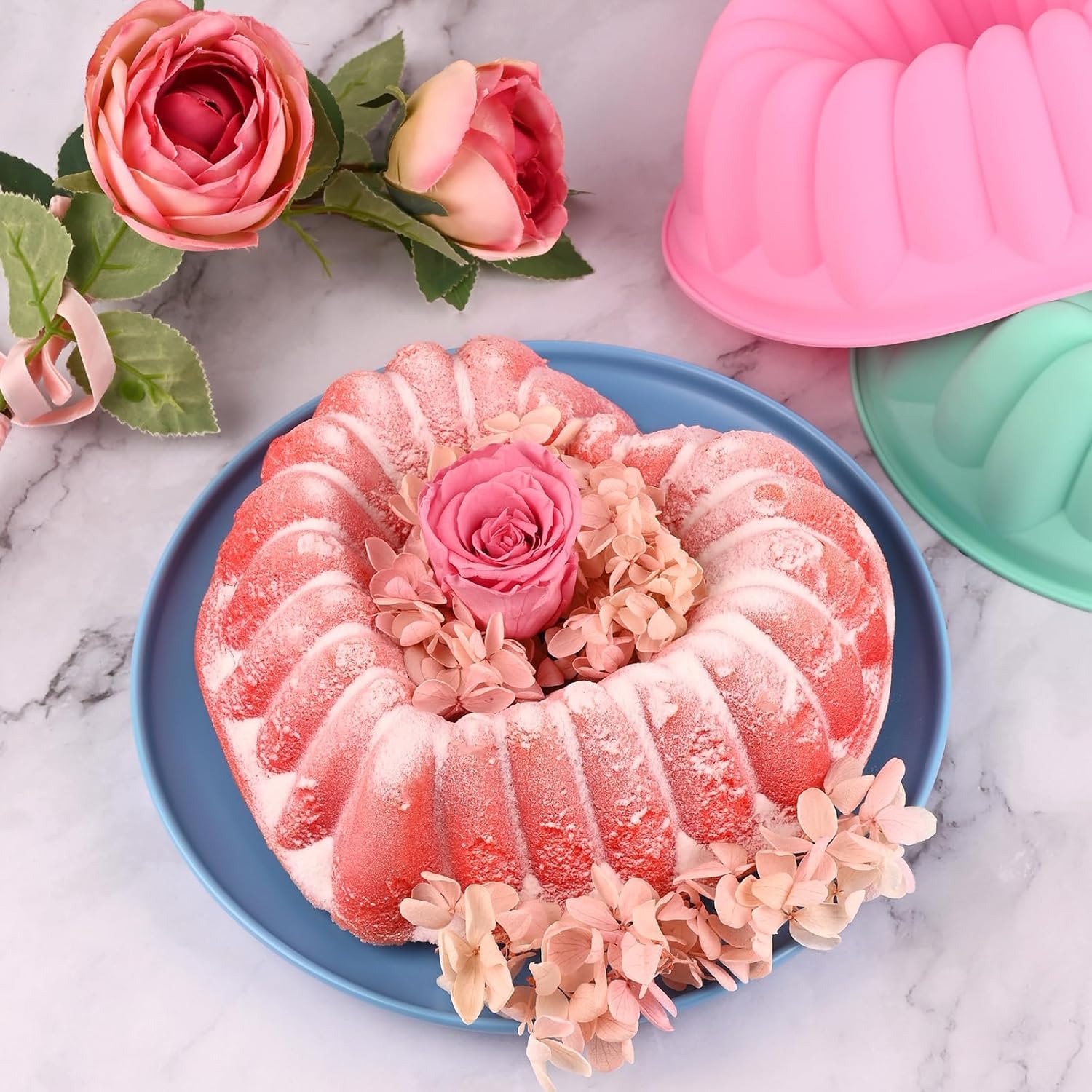 2 Pezzi Stampo per Torta a Forma di Cuore, 23.5 cm Stampo Ciambella in Silicone, Stampo Ciambellone Antiaderente per San Valentino, Matrimonio, Compleanno, per Dessert (Rosa e Verde)