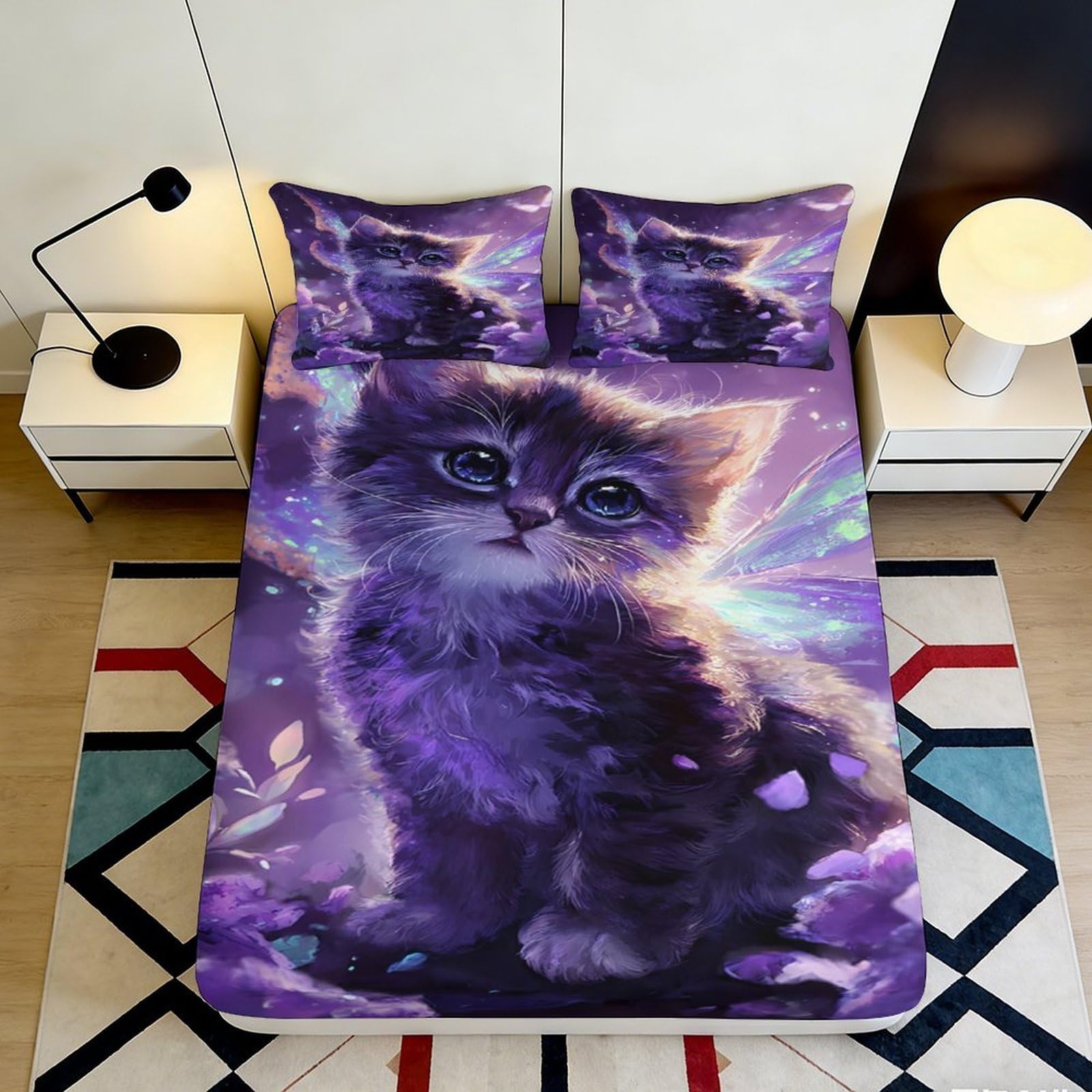 3D Printed Purple Cat Fitted Sheet Microfiber Deep Pocket Bedroom Bedding Purple Cat Mattress Fitted Cover Full Wrap 120x200x25cm