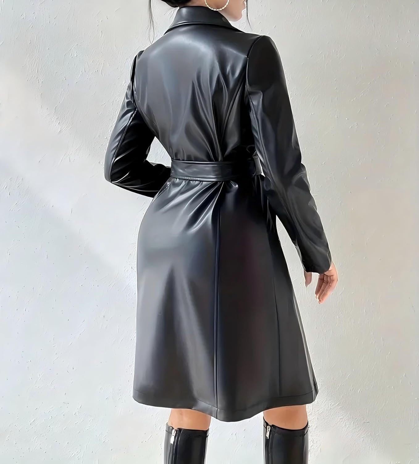 Women Black Leather Trench Coat Long Leather Jacket Women Long Sleeve Motorcycle Biker With Belt - Image 2