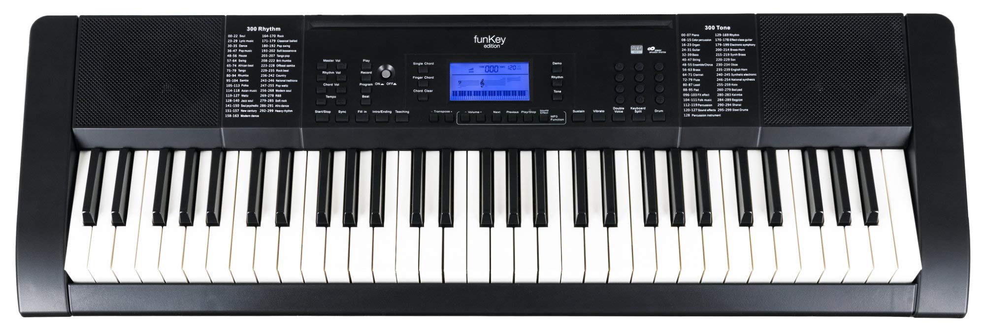 FunKey 61 Edition Pro Schwarz Set inkl. Keyboardständer + Bank, 300 Sounds | 300 Rhythmen, 40 Demosongs, Sustain, Vibrato, Double Voice, Transpose, Tastatur-Split, Intro/Ending, Drum, Aufnahmefunktion