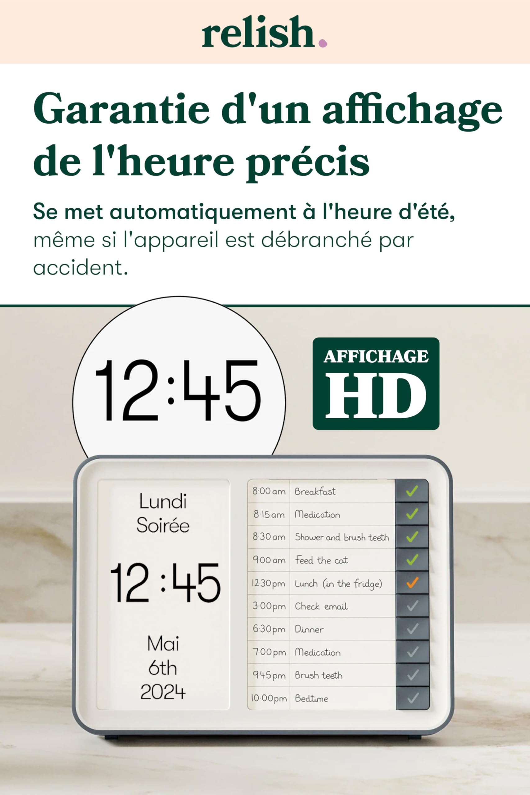 Relish - Horloge numérique avec concentrateur de tâches quotidiennes, calendrier avec jour, date et heure, grand écran clair