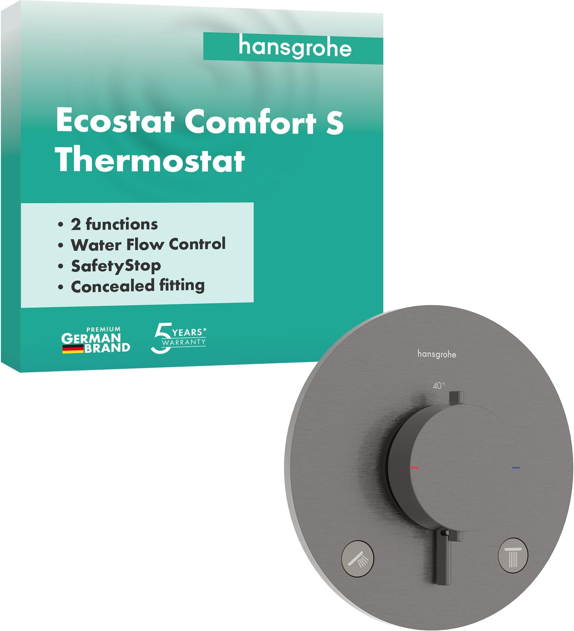 Ecostat Comfort S 33715340 Flush-Mounted Shower Thermostat with Safety Lock (SafetyStop) at 40 °C, Thermostat for Shower for 2 Consumers, Brushed Black Chrome