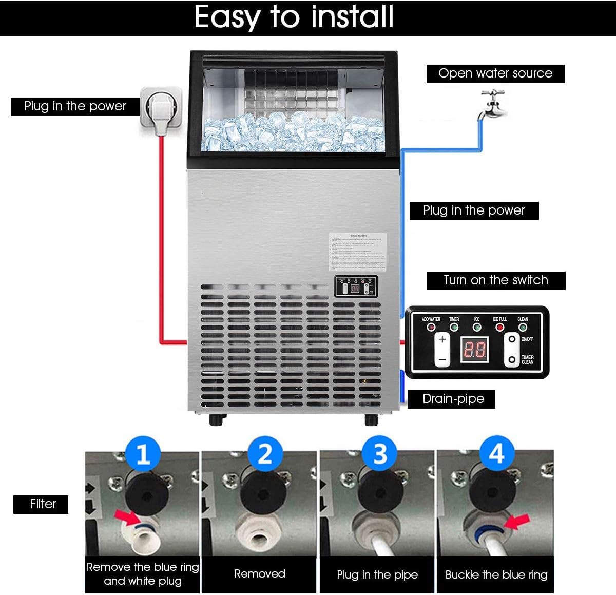 Costzon Commercial Ice Maker Machine, 110LBS/24H Built-in Stainless Steel Ice Maker w/33LBS Storage Capacity, Free-Standing Ice Machine for Home, Restaurant, Coffee, Bar w/Ice Shovel, Hose (Silver)