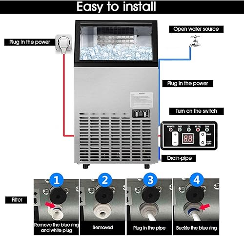 Miniatura 5 de Máquina de hielo comercial Costzon, máquina de hielo de acero inoxidable integrada, 110LBS24H, capacidad de almacenamiento de 33 libras, diseño