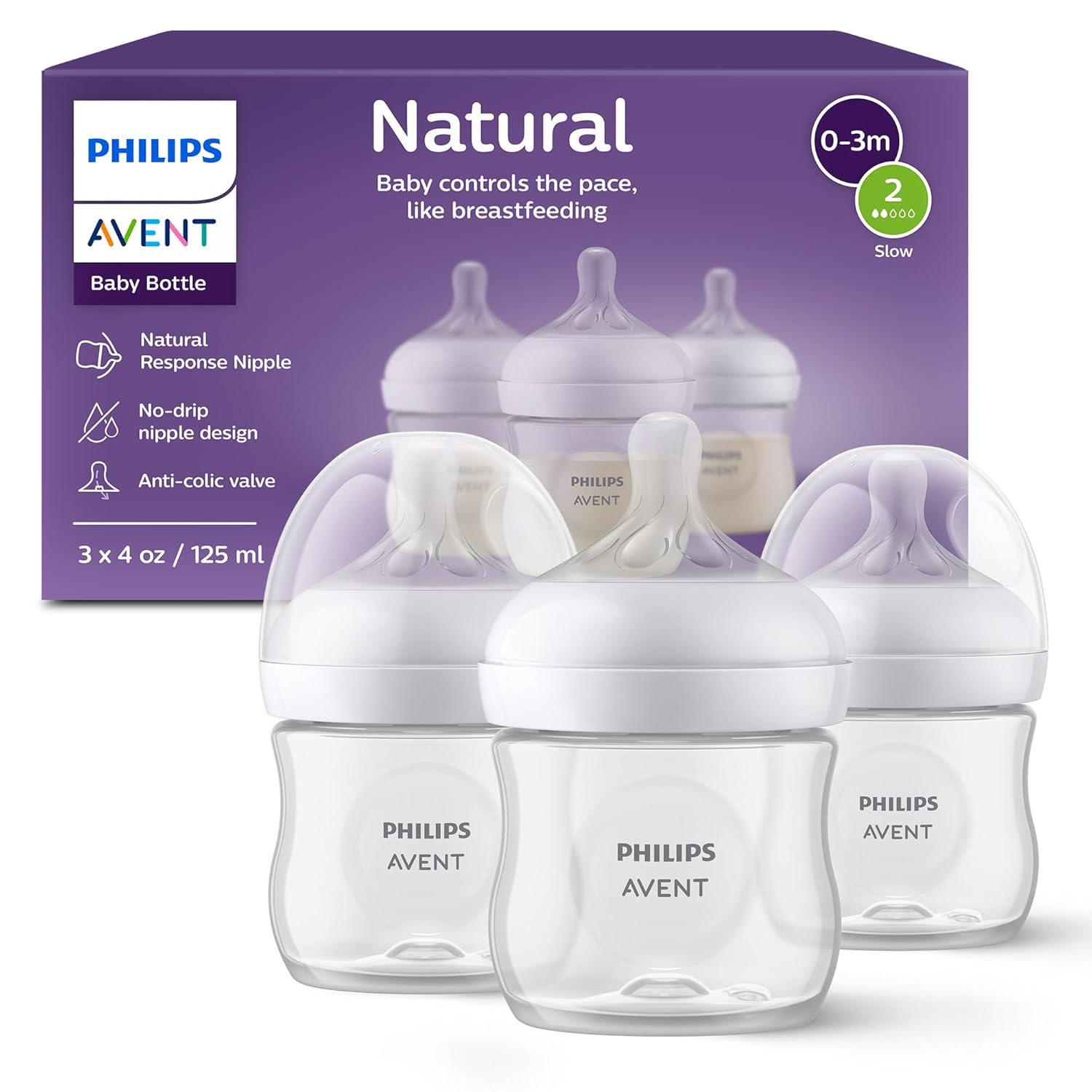 Avent – 3Pk Natural Baby Bottle With Natural Response Nipple, Clear, 4Oz