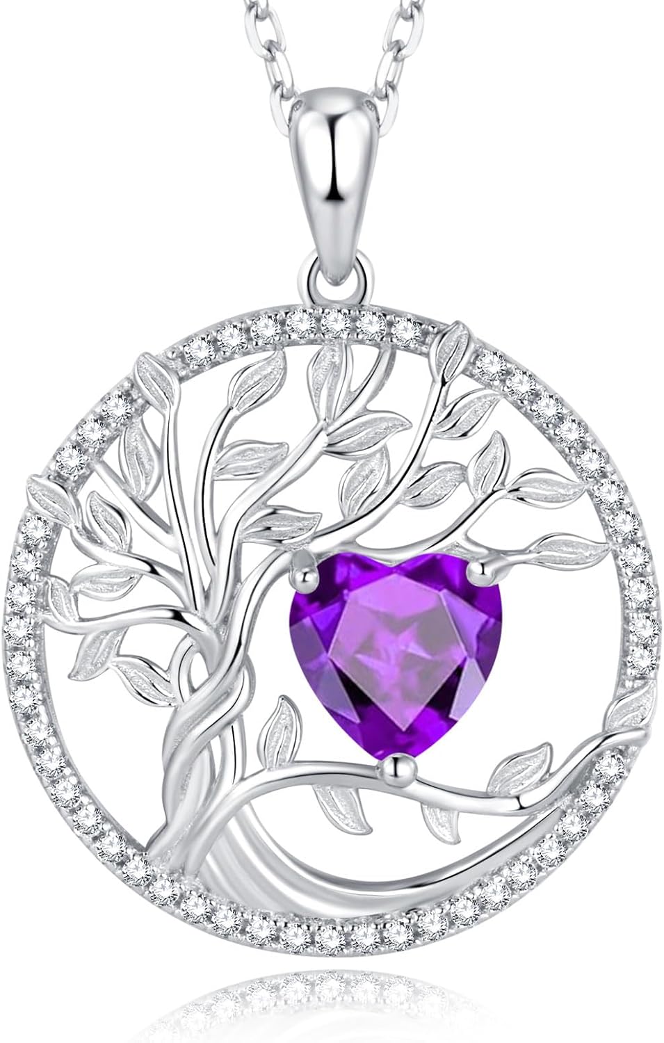 Tree of Life Necklaces 925 Sterling Silver Birthstone Necklace Heart Gemstone 18K White Gold Plated Mothers Day Fine Jewerly Gifts for Women Mothers, Adjustable Chain 18+2 Inches