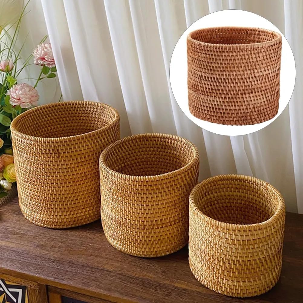Basket Baskets Wicker Woven Storage Rattan Round Can Trash Fruit Seagrass Empty Bread Large Laundry Planter Blankets Gifts (24X24CM)