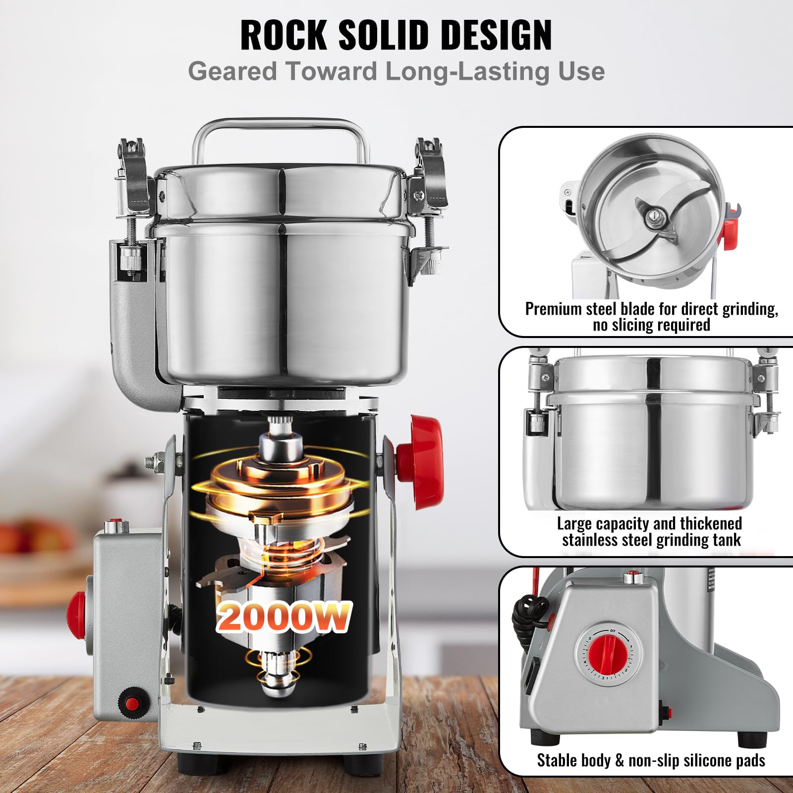 VEVOR 750g Mulino Elettrico per Cereali, Macina Spezie Commerciale Alta Velocità 2000 W, Macchina Polverizzazione in Acciaio Inox, per Cereali Secchi, Spezie, Caffè, Mais, Pepe, Tipo Oscillante