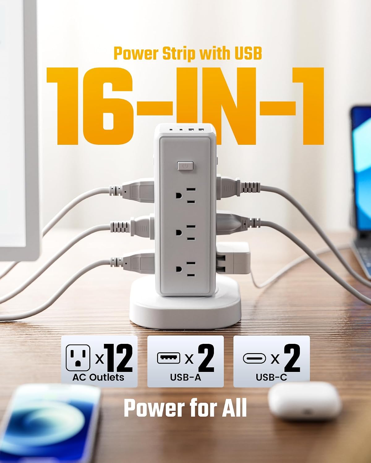 SUPERDANNY Tower Power Strip Surge Protector, Retractable Extension Cord