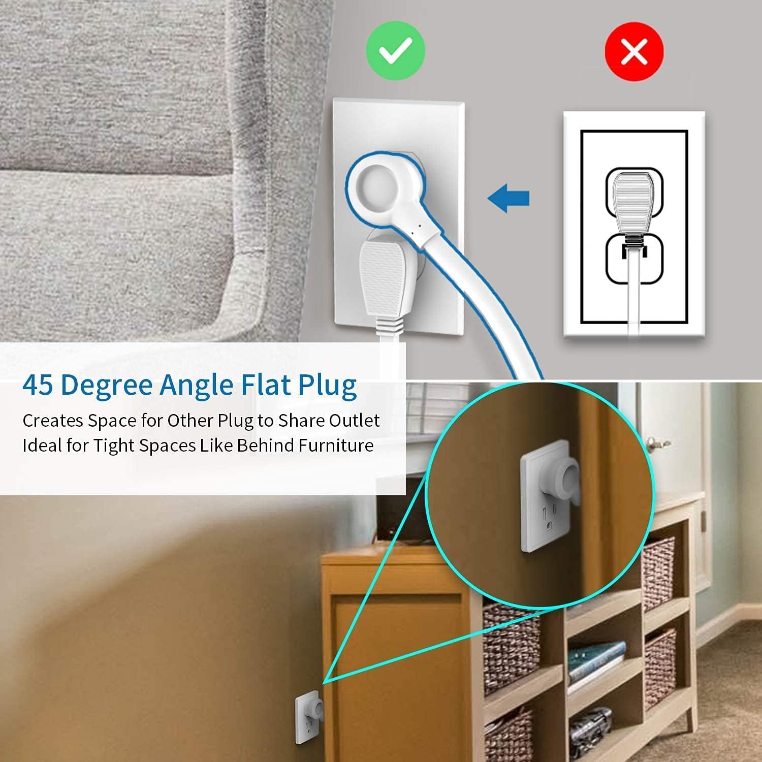 NTONPOWER Flat Plug Power Strip Bundle, 3 Outlets 2 USB Compact Power Strip with 5ft Cord and 15 ft Extra Long Extension Cord, Right Angle Plug for Office, Home, Nightstand, Dorm Essentials