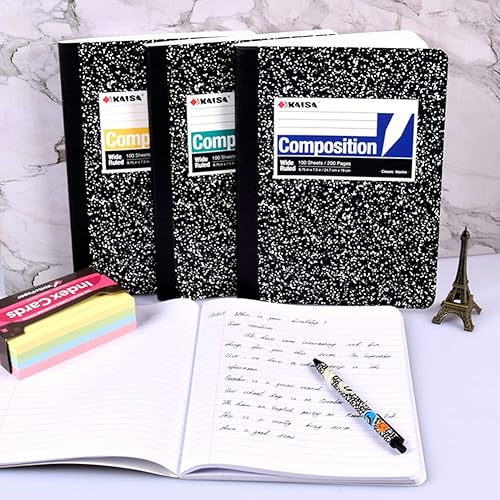 Miniatura 6 de KAISA Cuadernos de composición, rayas anchas, 9-34 x 7-12 pulgadas, cubiertas de mármol negro, bloc de notas de composición, cuadernos de 100 hojas,