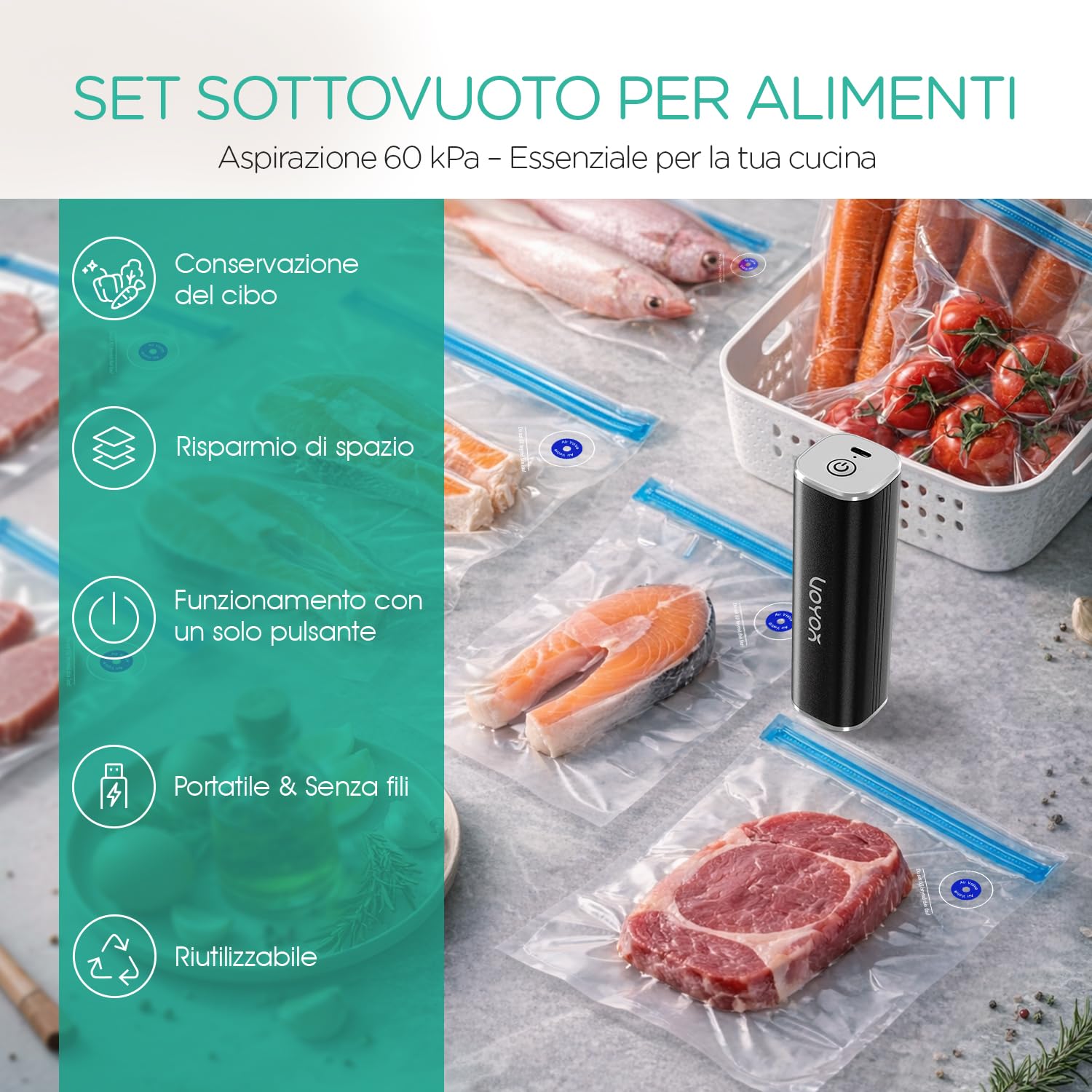 VOYOR Macchina Sottovuoto Alimenti Portatile per la Conservazione e lo Stoccaggio Degli Alimenti Macchina Sottovuoto con 5 Sacchetti Sottovuoto Sigillatrice Sottovuoto (1 Pompa+5 Sacchetti)