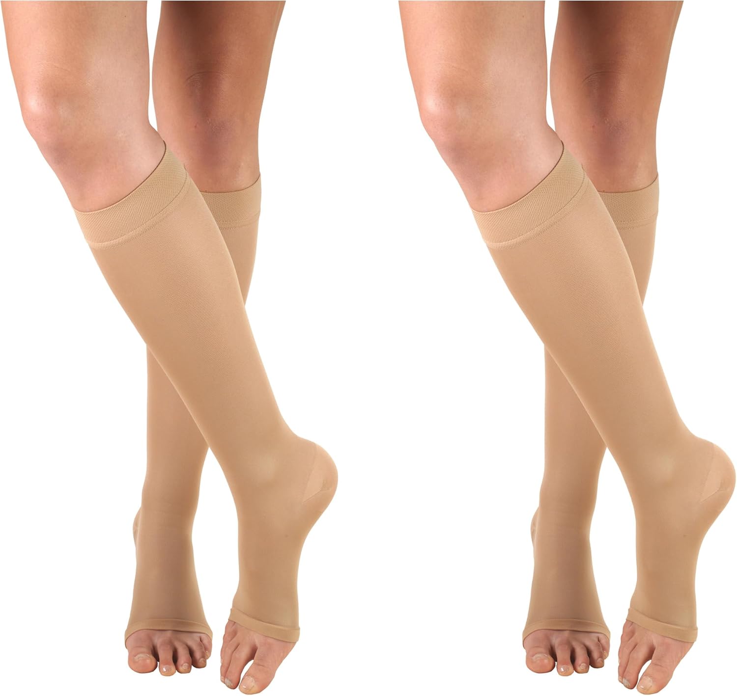 Truform Women's Compression 20-30 mmHg Knee High Open Toe Stockings Beige, Medium, 2 Count