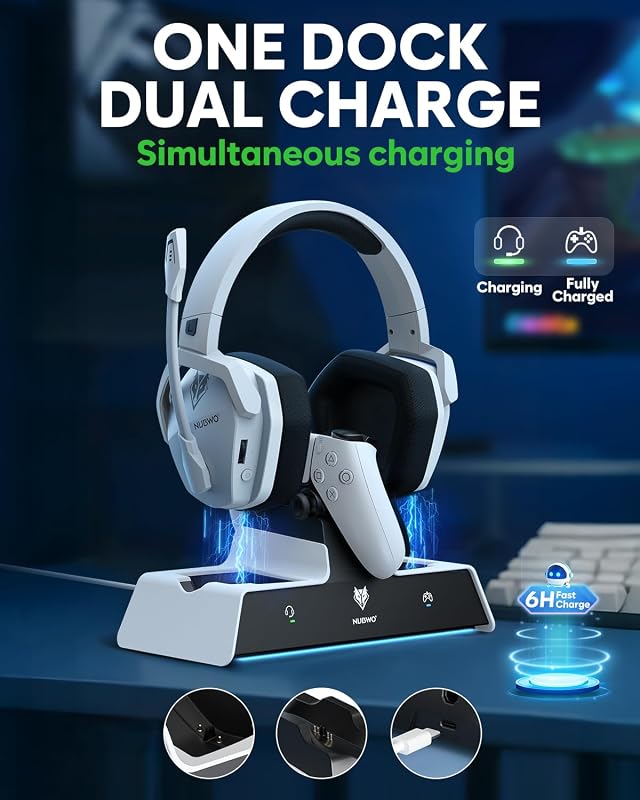 NUBWO G06 Pro Wireless Gaming Headset PS5 50mm, 120 órás akkumulátor, töltőállomás - white black