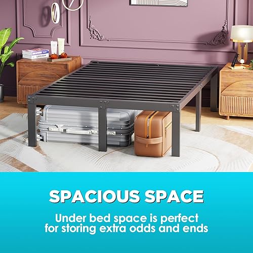 Miniatura 6 de Base de cama de metal con plataforma de cama de 18 pulgadas de alto, no necesita somier, listones de acero resistente, sin ruido, fácil montaje