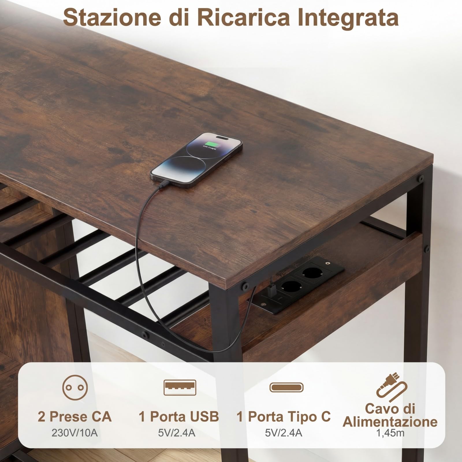 COSTWAY Tavolo da Bar con Luce Regolabile, Tavolino Alto con Stazione di Ricarica, Portabottiglie e Portabicchieri, Tavolino da Cucina per Soggiorno e Sala da Pranzo, 110 x 40 x 92 cm