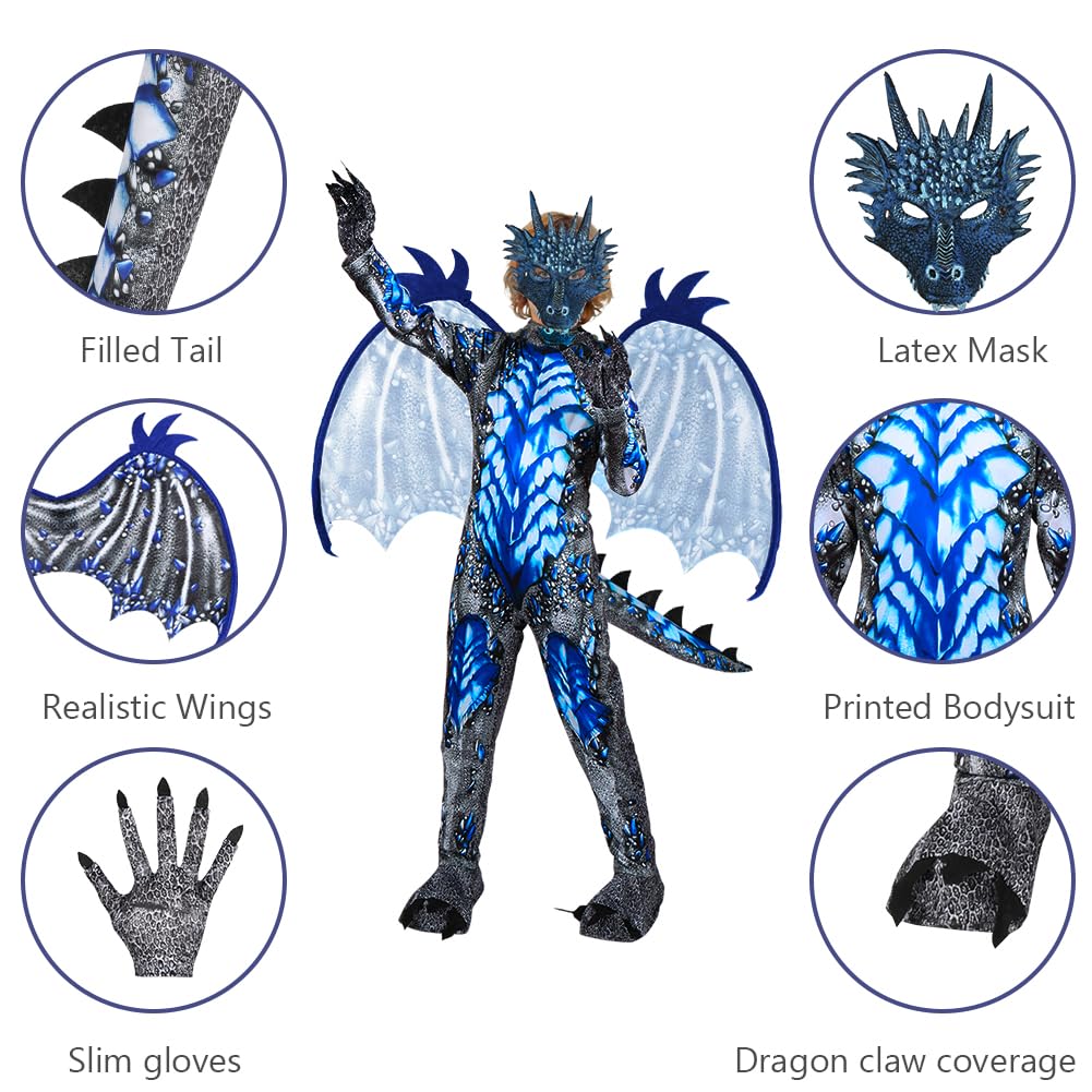 AYBUY Costume da Drago per Bambini, Tutina da Drago per Ragazzi Ragazze con Ali Maschera Guanti e Ala Posteriore, Costume Dragon Onesies Bambini per Carnevale Halloween Cosplay
