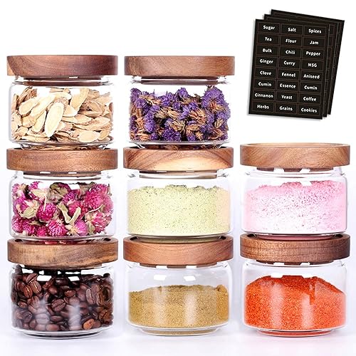 Tzerotone 8 Pcs Spice Containers - 8.5oz Glass Spice Jars With Acacia Airtight Lid and Labels - Stackable Empty Round Spice Bottles for kitchen Seasoning, coffee bean, tea, suger, herbs
