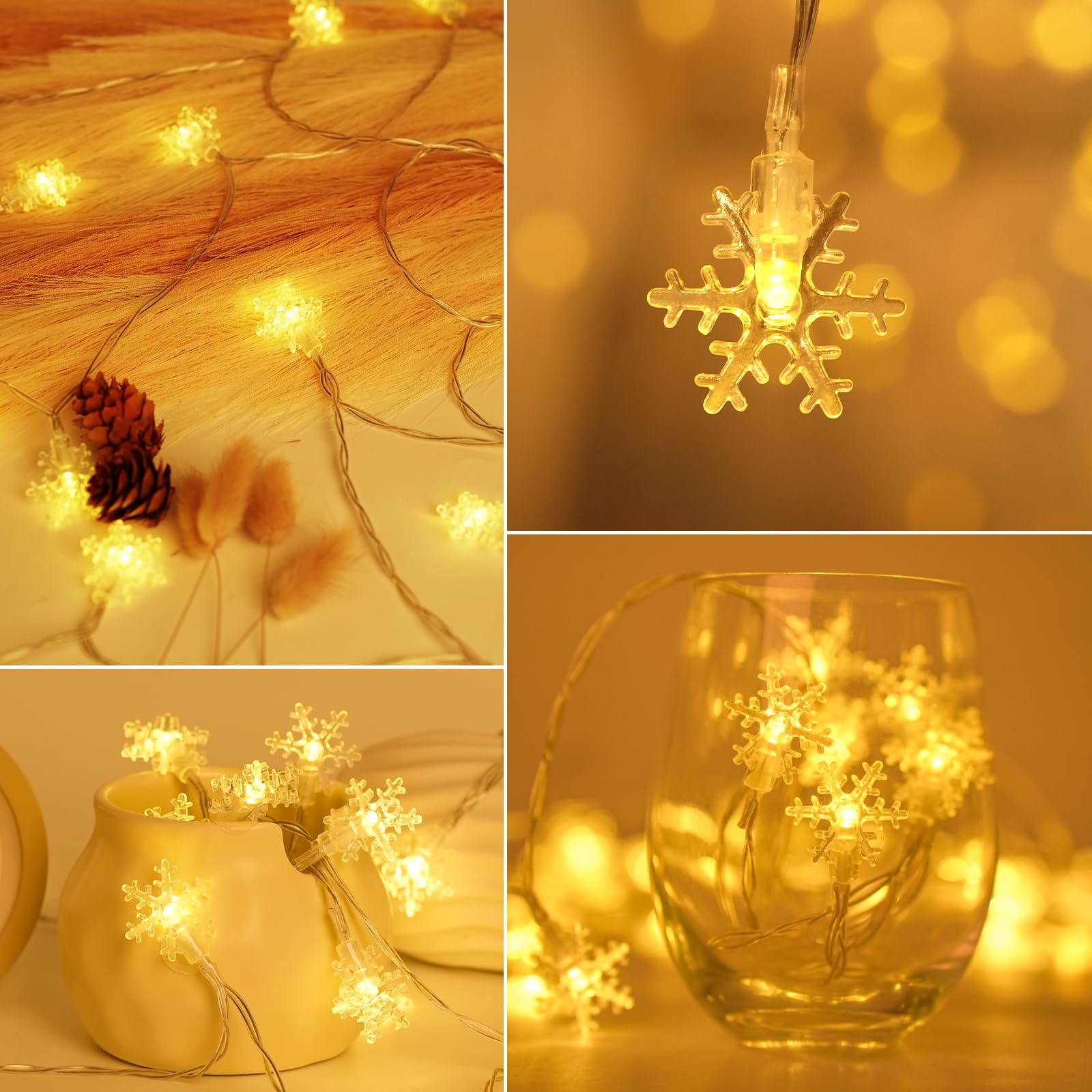 Guirlande lumineuse de Noël avec minuteur, flocon de neige, batterie pour extérieur et intérieur, étanche, pour décoration de Noël, 3 m, 20 LED, blanc chaud