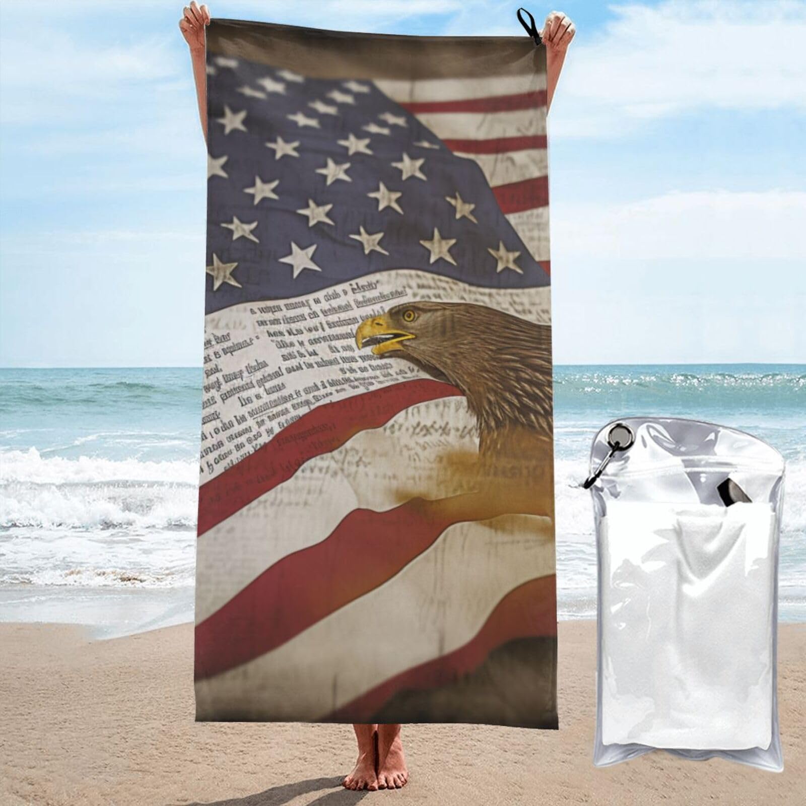 BWWHCCTI American Flag Printed Microfiber Quick Dry Beach Towel 70x140 CM, Fast Drying Bath Towels with Bags for Travel,Camping,Gym,Beach,Swimming,Yoga