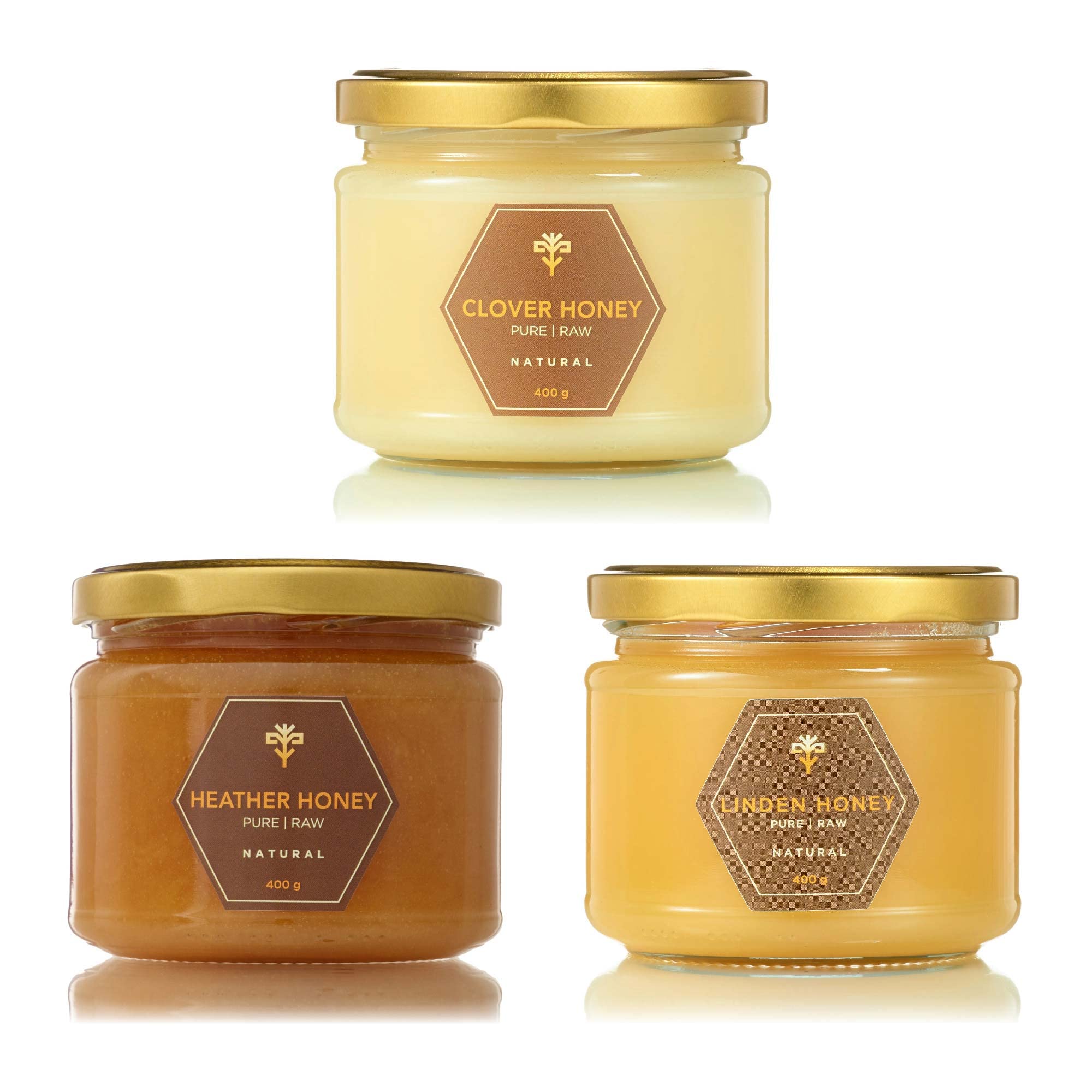 Pure Raw Honey - 3 Jars of Clover, Heather, Linden Honey (400g each) - Unpasteurised & Unfiltered - Natural Sweetener for Cooking, Coffee, Tea, Juice, Drinks, Food - From Single Apiary